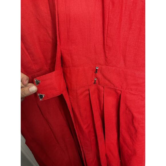 Vintage 80s Midi Long Red Pleated Skirt Linen Dress Secretary 14 16 Rockabilly - Picture 8 of 12